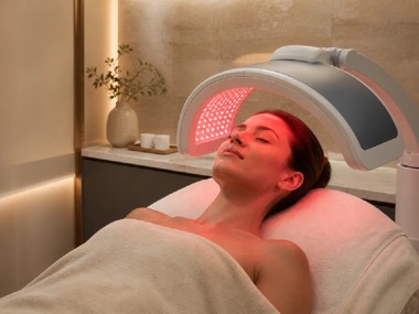 Client receiving professional red LED facial light therapy