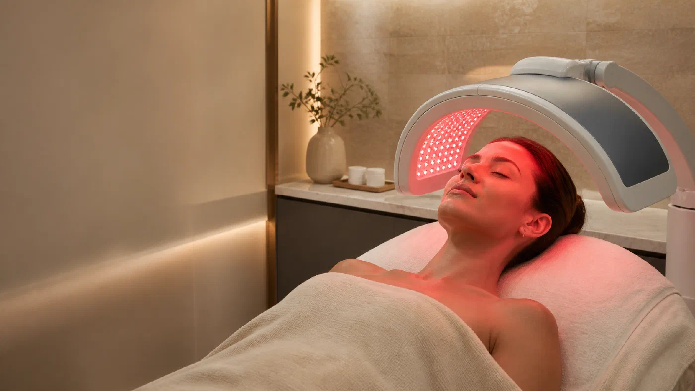 Client receiving professional red LED facial light therapy